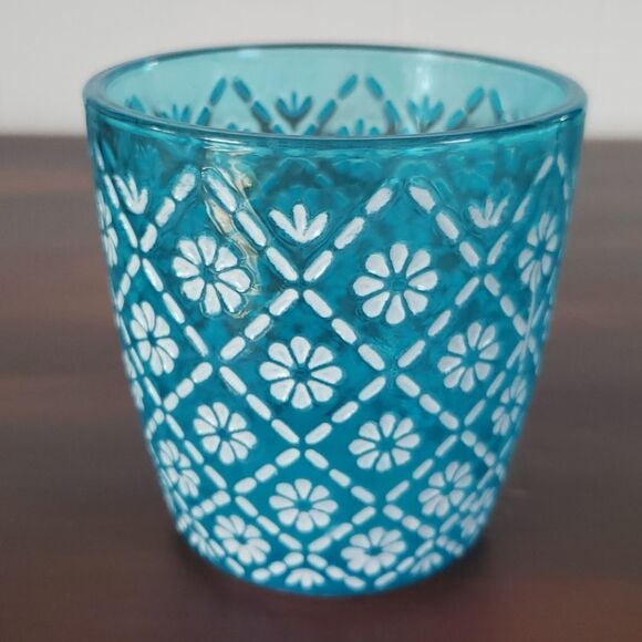 Yankee Candle Other - EUC Yankee Candle Blue Floral Glass Candle Holder